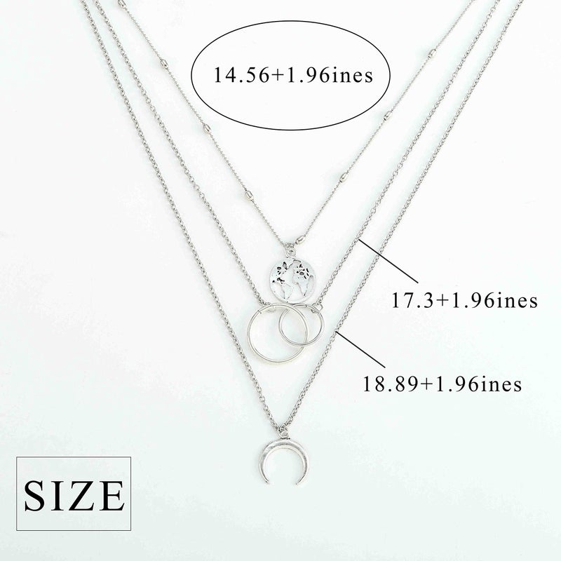 Edary Boho Layered Necklace Moon Necklaces Map Pendant Silver Jewelry for Women(Silver) - Image 4
